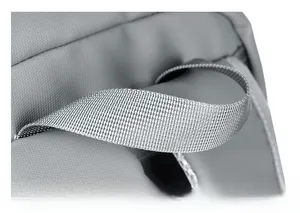 Detail of soft ergonomic handle on gray water-resistant business laptop backpack