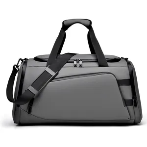 Waterproof grey sports gym bag with dry wet separation and adjustable shoulder strap