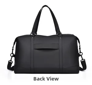Back view of black travel bag with trolley sleeve and waterproof matte fabric detail
