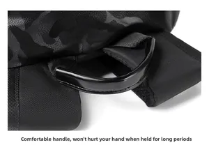 Détail de la poignée en cuir renforcée et du tissu camouflage sur le sac à dos noir