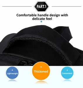 Detail view of the thickened sponge handle on black nylon backpack for comfort and grip