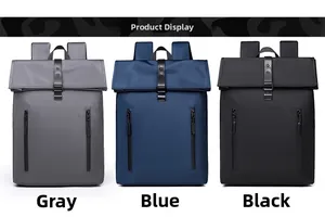 Three men's business backpacks in grey blue and black with folding flap and metal buckles