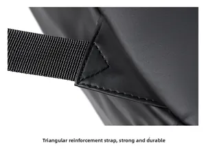 Detail of reinforced triangle stitching and high-density webbing on black backpack straps