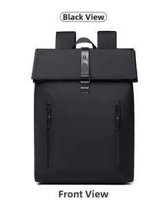 Detailed front view of black business backpack with flap top and vertical zippers