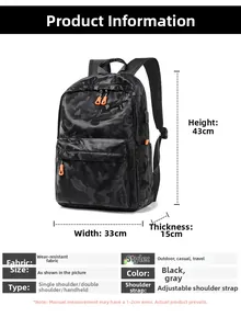 Vue détaillée du sac à dos camouflage noir de 43x33x15cm avec zips orange vifs