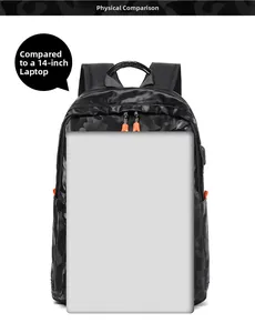 Comparaison de taille du sac à dos camouflage pour ordinateur 14 pouces et cordon orange