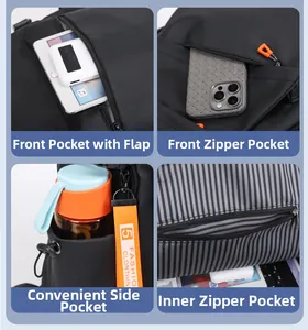 Détails du sac à dos noir montrant plusieurs poches de rangement et doublure rayée