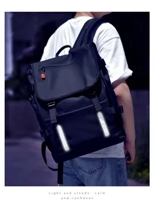 Detail of black ergonomic laptop backpack featuring two high-visibility safety reflective strips