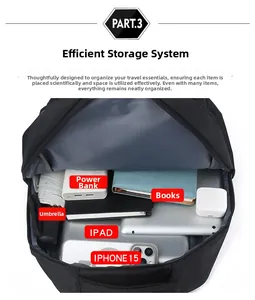 Detail view of a black backpack featuring an organized large capacity storage compartment