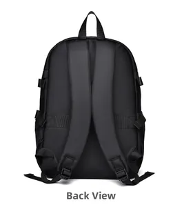 Detailed back view of black laptop backpack with ergonomic S-shaped shoulder straps