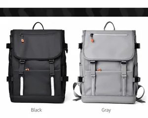 Detail view of large capacity backpacks in black and gray with safety reflective strips