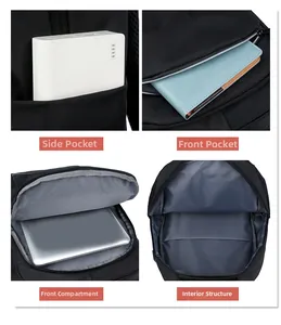 Detailed view of the multi-compartment internal structure and side pockets of the black backpack