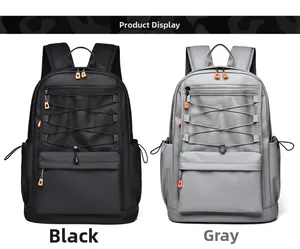 Side-by-side view of black and grey backpacks with mesh pockets and orange zipper details