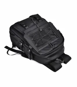 Top detail of black large capacity laptop backpack with durable straps and buckles