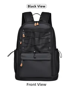 Front detail of black nylon backpack featuring orange zipper pulls and mesh storage layer