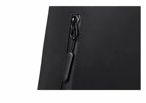 Detailed macro view of smooth matte black zipper hardware on a durable business backpack