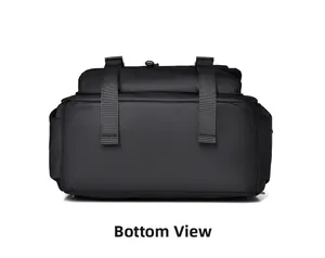 Detailed bottom view of black high-density nylon backpack with reinforced straps