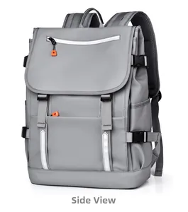 Grey high-capacity backpack side view showing safety reflective strips and buckle
