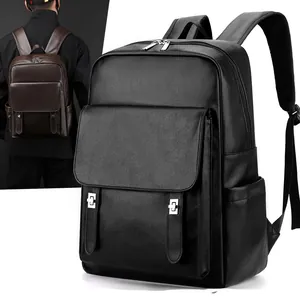 Sac à dos d'affaires moderne en cuir PU noir avec rabat et boucles métalliques pour hommes