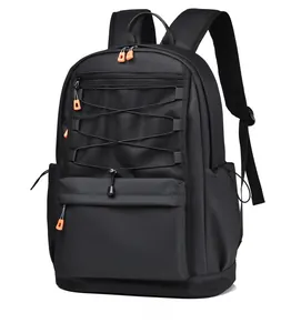 Side view of black waterproof backpack showing elastic mesh pocket and orange zippers