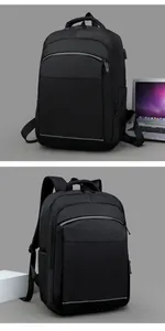 Detail of multi-functional black laptop backpack with USB port and waterproof nylon fabric