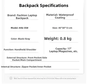 Fiche technique du sac à dos d'affaires étanche pour ordinateur portable de 17 pouces