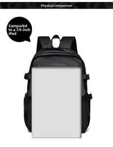Front pocket of black backpack showing size comparison with a 7.9-inch iPad