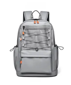 Front view of grey high-capacity school backpack with orange zipper pullers and mesh pockets