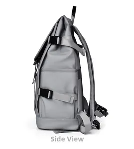Side view of gray waterproof backpack showing side buckles and adjustable straps