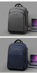 Detail showing high-capacity business backpack with USB port and reflective strip for laptops