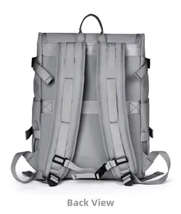 Detailed back view of grey functional backpack with padded straps and adjustable buckles