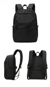 Three-view layout of a black minimalist business laptop backpack with ergonomic straps