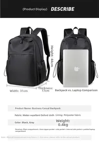 Detail view of black waterproof oxford backpack features and size specifications