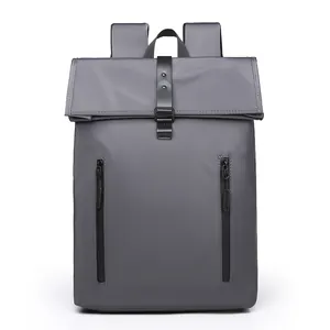 Sleek dark grey roll-top business backpack with waterproof fabric and dual front zippers
