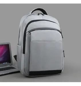 Detailed view of light grey business laptop backpack with waterproof fabric and side pockets