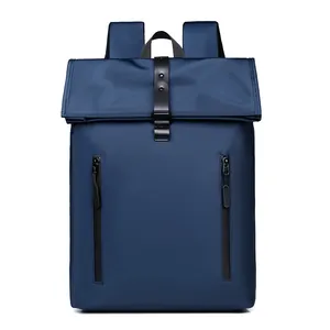 Business casual navy blue folding backpack with flap cover and glossy buckle straps