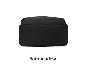 Detail view showing the reinforced rectangular bottom of the black nylon business backpack