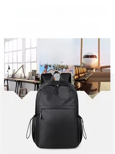 Versatile black casual backpack shown in office, vacation, and airport travel scenarios