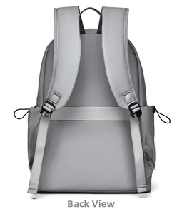 Back view of grey backpack showing padded straps and a functional trolley sleeve