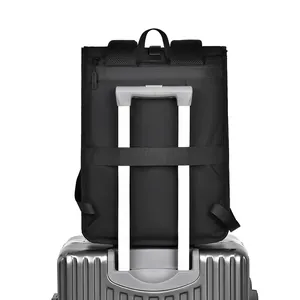 Business backpack with luggage strap, water-resistant material, and breathable straps