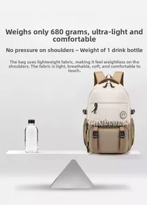 Sac à dos léger de 680g beige et kaki sur une balance illustrant sa légèreté unique
