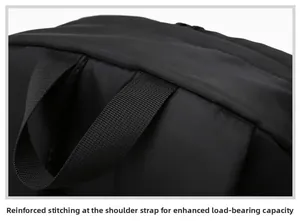 Close-up of reinforced bartack stitching on durable black nylon backpack straps