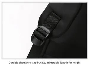 Detail of widened padded shoulder straps with adjustable buckles on black business backpack