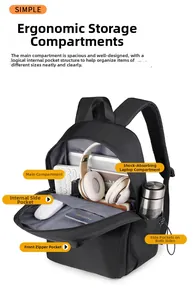 Detail view of the multi-compartment interior storage of this black nylon travel backpack