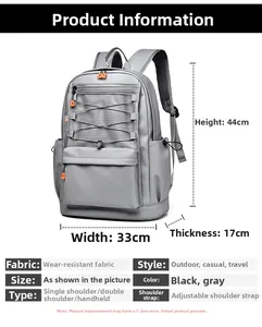 Size chart showing 44cm height and 33cm width dimensions for the grey large backpack