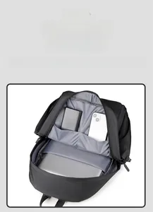 Detail view of the black travel backpack featuring multiple internal storage compartments