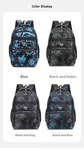 Detailoverzicht van graffiti rugzakken in de kleuren blauw, groen, grijs en zwart-blauw