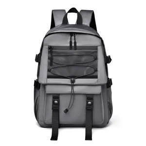 Waterproof dark grey large capacity backpack with front mesh pocket and elastic bungee system