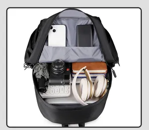 Detailed interior view of a black backpack showing spacious compartments and storage capacity