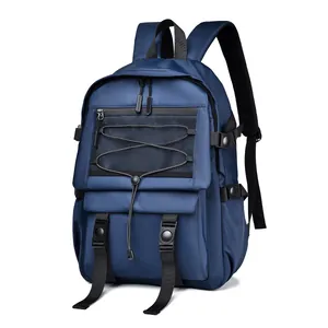 Large capacity navy blue waterproof nylon laptop backpack with adjustable straps and buckles